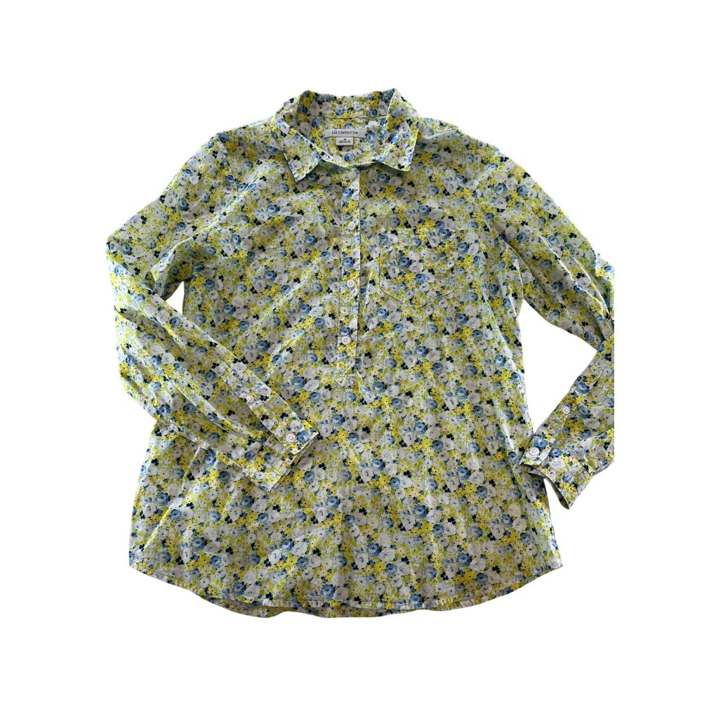 Liz Claiborne Womens Medium Cotton Floral Button Down Shirt Yellow Blue White